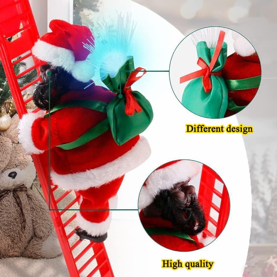 Black Santa Claus Climbing Ladder to Christmas Tree, African American Santa Christmas Decoration with Music Lights, Include Instructions for Tree Hanging Ornament, Xmas Gift